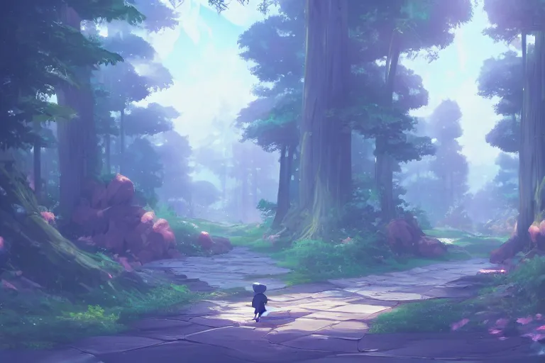 Image similar to an anthropomorphic fox traveler walks along an endless path amongst a towering forest, anime key visual, lois van baarle, ilya kuvshinov, rossdraws, artstation, furaffinity