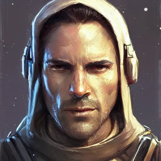 Image similar to portrait of a man by greg rutkowski, a jedi commander, arabian features and olive skin, long black hair, wise appearance, wearing the tactical gear of the galactic alliance, star wars expanded universe, he is about 4 0 years old, highly detailed portrait, digital painting, artstation, concept art, smooth, sharp foccus ilustration, artstation hq