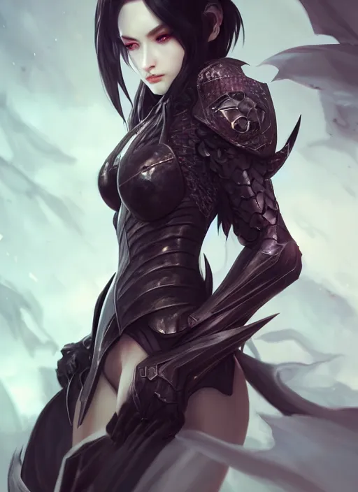 Image similar to full plate armor!!! beautiful and elegant dark hair female vampire!! gorgeous ayes!! character concept art, sharp focus, octane render! unreal engine 5! highly rendered!! trending on artstation!! detailed linework!! illustration by artgerm, wlop, and chie yoshii