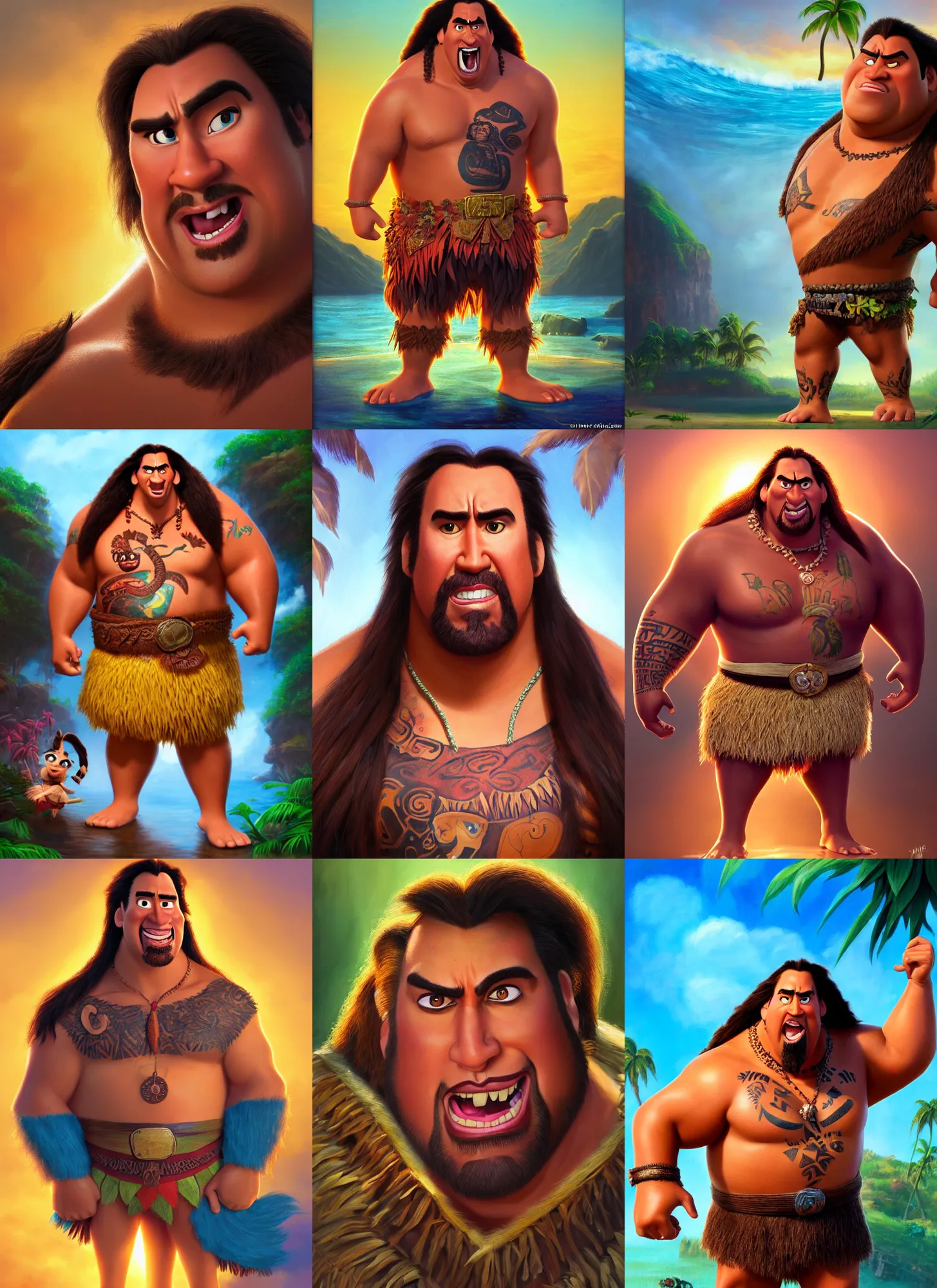 Prompt: nicholas cage as maui from moana, 3 d art, golden hour, concept art, detailed clothing, art station, oil painting