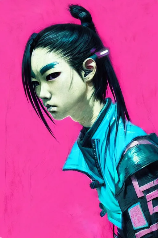 Prompt: stylized japanese cyberpunk ninja girl, wearing urban techwear, and armor, painted in acrylic, pigment textures, in the colors hot pink and cyan, beautiful realistic face, rule of thirds, spotlight, by greg rutkowski, by jeremy mann, by francoise nielly, by van gogh, by ross tran, in focus