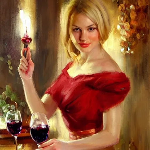 Image similar to pretty blonde beautiful woman in a wine cellar, elegant, red wine, meat, torches light the wall, impressionism, painting by Vladimir Volegov