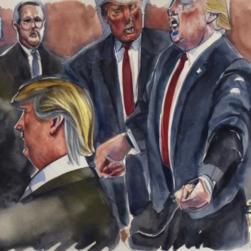 Prompt: donald trump in handcuffs being escorted by the fbi. watercolor