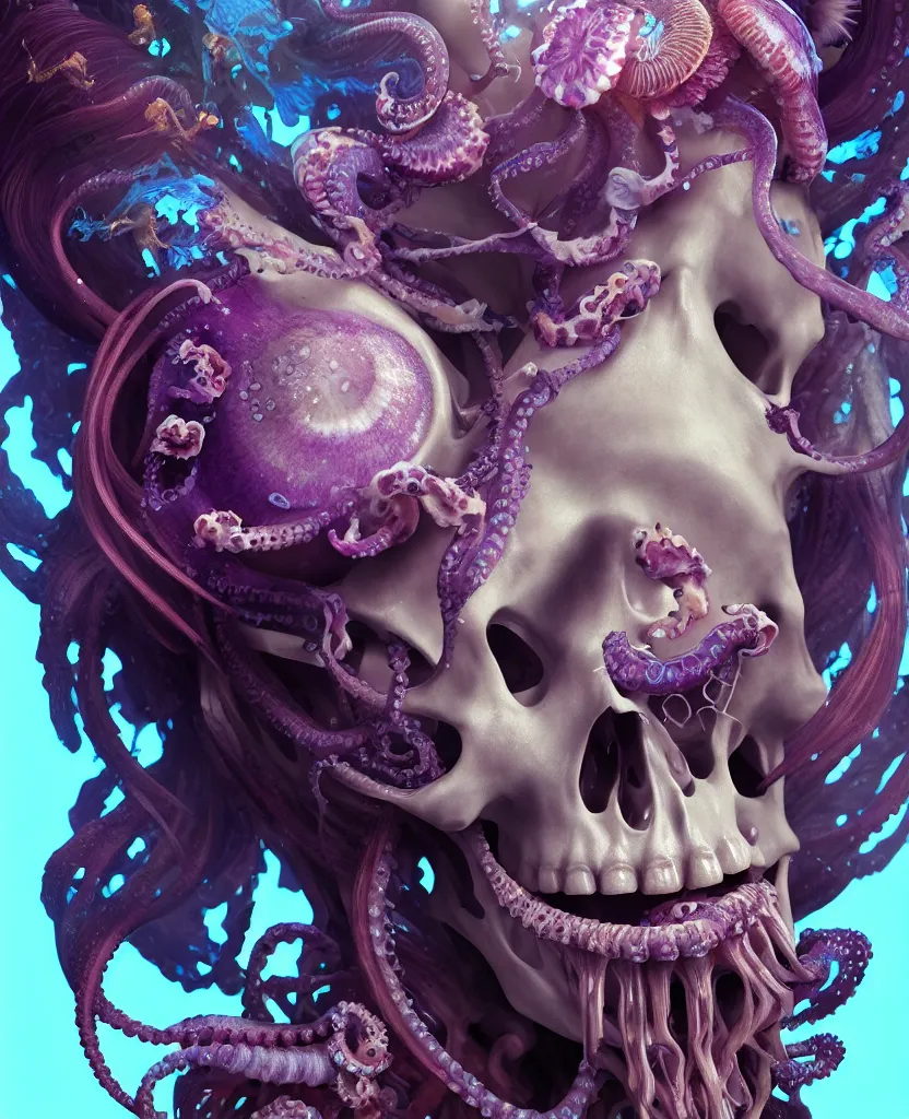 Image similar to goddess close - up portrait human skeleton, ram skull, squid phoenix jellyfish, orchid, betta fish, bioluminiscent, intricate artwork by tooth wu and wlop and beeple. octane render, trending on artstation, greg rutkowski very coherent symmetrical artwork. cinematic, hyper realism, high detail, octane render, 8 k