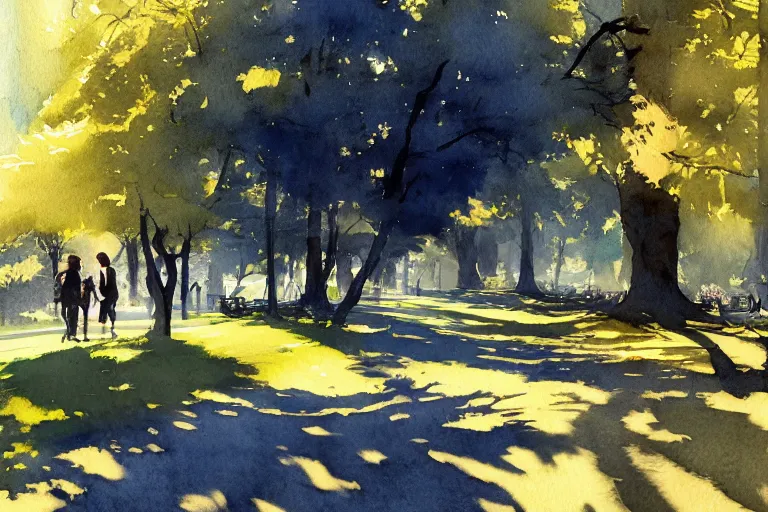 Prompt: small centered on watercolor paper, paint brush strokes, abstract watercolor painting of city park, daylight, shadows, covering foliage over pathway, sunlight, translucent leaves, cinematic light, national romanticism by hans dahl, by jesper ejsing, by anders zorn, by greg rutkowski, by greg manchess, by tyler edlin