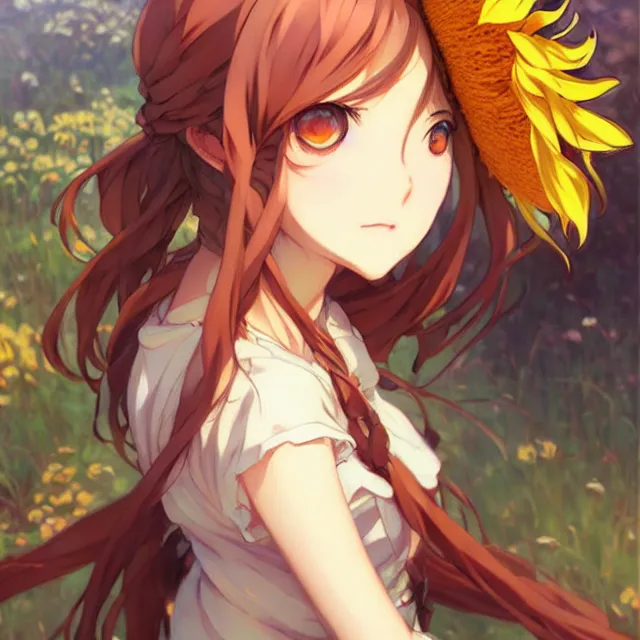 Prompt: beautiful sunflower anime girl, krenz cushart, mucha, ghibli