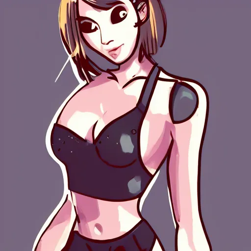 Prompt: Illustration of a girl with an armored bra, beautiful girl, short hair, detailed