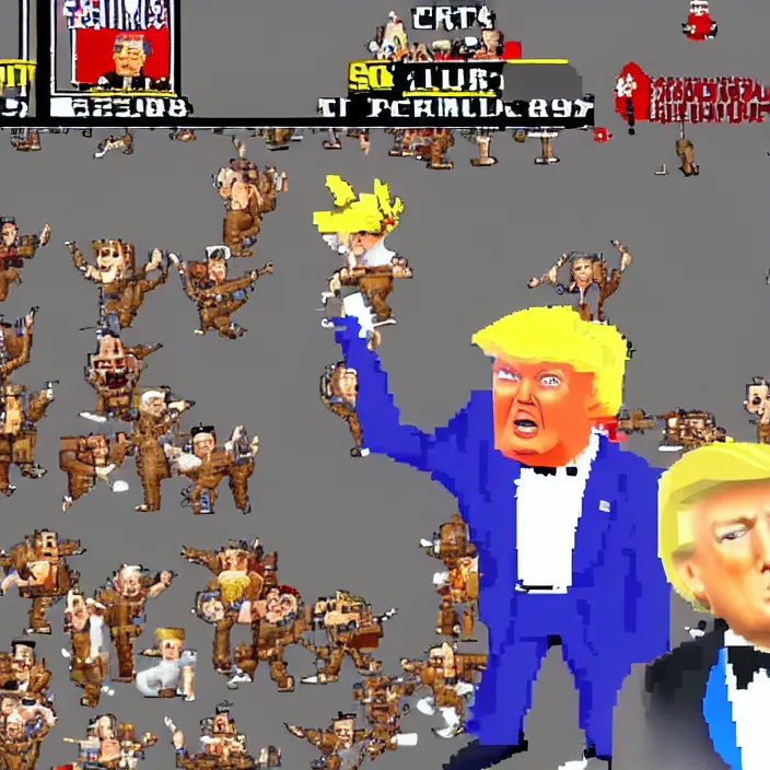 Prompt: donald trump in a ps 1 game from the 1 9 9 0 s, screenshot