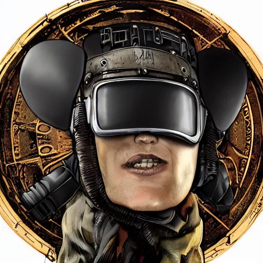 Prompt: Illustrated by Shepard Fairey and H.R. Geiger | Steampunk Mad Max with VR helmet, surrounded by cables