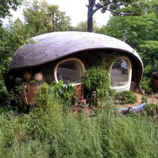 Prompt: beautiful overgrown Earthship home made from clay cob with permaculture garden