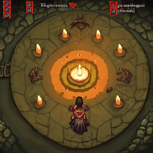 Prompt: a dark vile dungeon, dim magical torches glowing on walls, a robed necromancer casting a summoning spell in the middle of a magical runic circle, in the style of leif heanzo