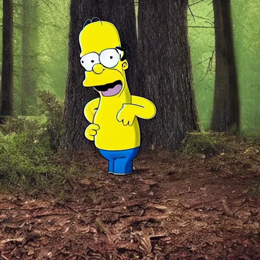 Image similar to Photorealistic homer Simpson in the woods creepy