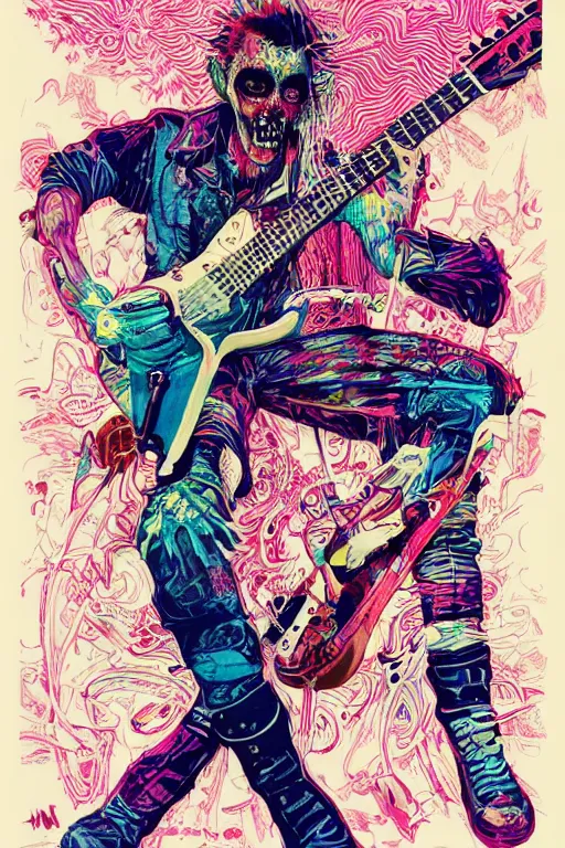 Image similar to risograph of a punk zombie playing guitar, tristan eaton, victo ngai, artgerm, rhads, ross draws, intricated details