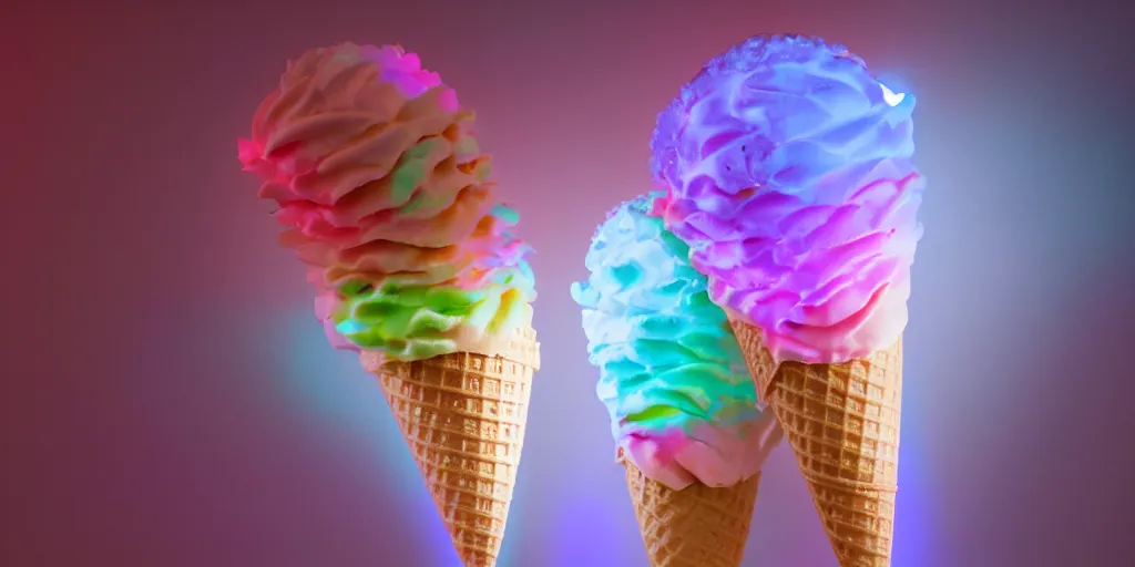 Image similar to ice cream cone with 3 scoops of ice cream and rgb lights embedded in the cone, cyberpunk, high quality, ue 5.