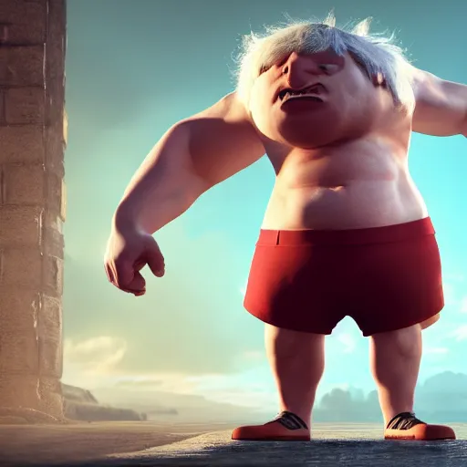 Image similar to Boris Johnson with captain underpants body, realistic artstyle, wide shot, dramatic lighting, octane render, hyperrealistic, high quality, highly detailed, HD, beautiful, cinematic, 8k, unreal engine, facial accuracy, symmetrical