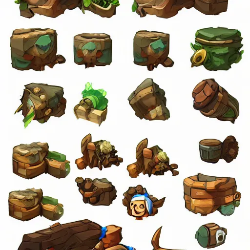 Prompt: A game assets spritesheet by dofus by Stanley Artgerm Lau, Joe Madureira and Nadezhda Tikhomirova . HD vector Containing modular props, terrain, trees, 2d side view, platform, vector art, very detailed