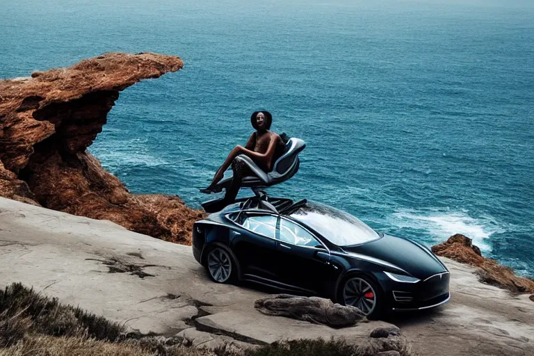 Image similar to photo of a gorgeous black model sitting on a Sci-fi Tesla on a cliff on the ocean By Emmanuel Lubezki