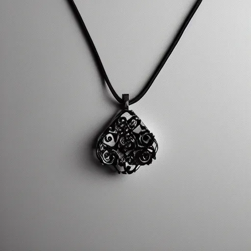 Prompt: an intricate pendant made out of bones, studio photography, black background, faint glow, volumetric