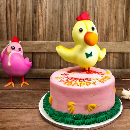 Image similar to there is a birthday cake in a barnyard. the cake has exactly 3 candles. there is 1 rooster to the left of the cake. there is 1 newly hatched light colored downy baby chick to the right of the cake. Nobody else is near.