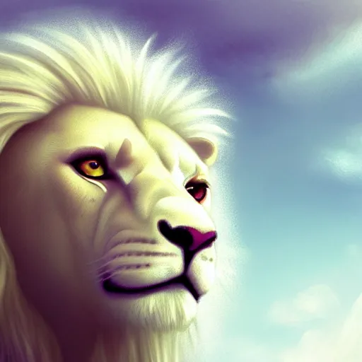 Image similar to a beautfiul aesthetic commission portrait of a anthro albino lion looking at the sky worried,attractive beautiful face,detailes face,expression,natural lighting,fantasy art,deviantart,artstation,character design by charles bowater,ross tran,4k,photorealistic,highly realistic,unreal emgine 5