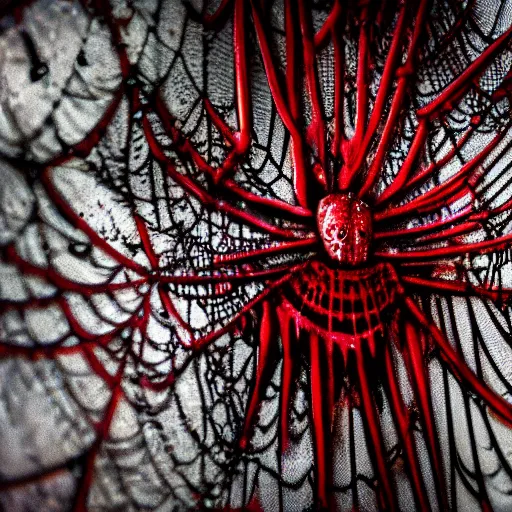 Prompt: spider webs dripping blood, rich decaying bleeding colors, horrorcore spider