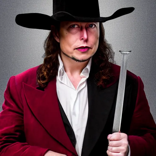 Image similar to photo of elon musk as a musketeer, he has a big black hat with a red feather, he is holding a shiny rapier sword and he is looking straight to the camera, brown background, studio lighting, 4 k, 8 k