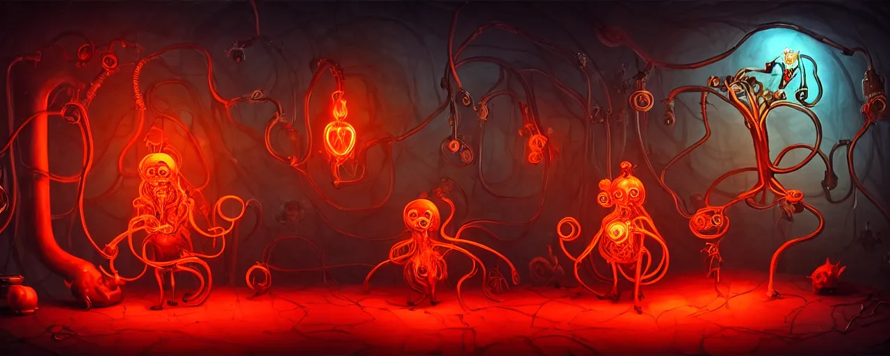 Image similar to whimsical weird chthonic alchemist creatures inside a visceral arterial alchemical lab within the left ventricle of a human heart, dramatic lighting fiery red lighting, surreal fleischer cartoon characters, surreal painting by ronny khalil