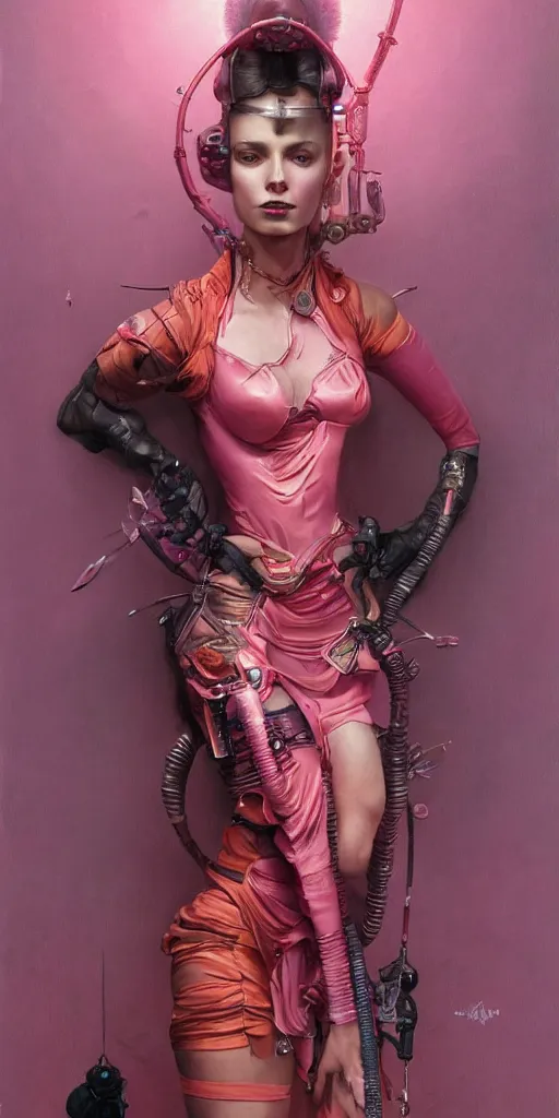 Image similar to a beautiful hyperrealistic portrait pose of a stunning Cyberpunk burlesque model in a pink-and-orange dress, intricate, elegant, highly detailed, smooth, sharp focus, award-winning, masterpiece, in the style of Tom Bagshaw, Cedric Peyravernay, Peter Mohrbacher