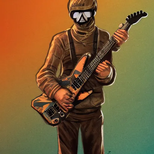 Image similar to stalker plays electric guitar, style of the game stalker, the background of the chernobyl nuclear power plant, smokes a cigar, 8 k, artstation