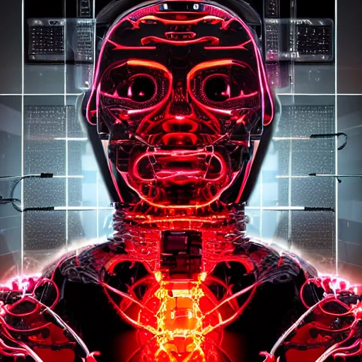 Image similar to the torso of fully a mechanical terminator man with borg implants, human face and robotic snakes coming out of his head is hanging from cables and wires off the ceiling of an futuristic computer lab and plugged into a quantum computer. His bottom half is missing with cables hanging out. resonance glowing red and white fractals, black dark background. curly blond hair pale skin. very detailed 8k. Cyberpunk horror style.