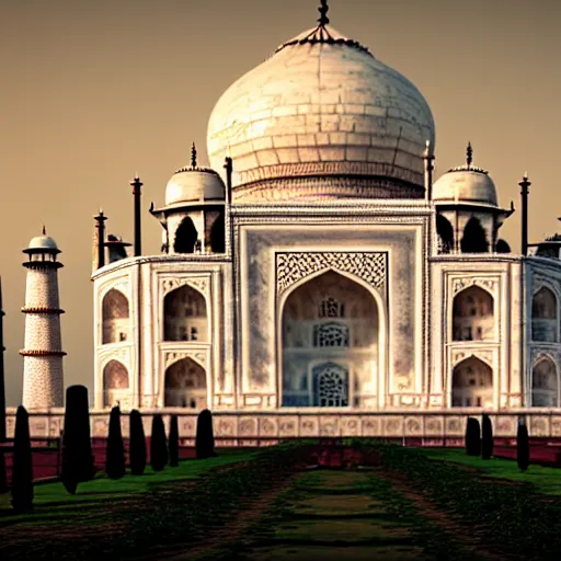 Image similar to a realistic photo of ruins of taj mahal, end of the world, octane render,