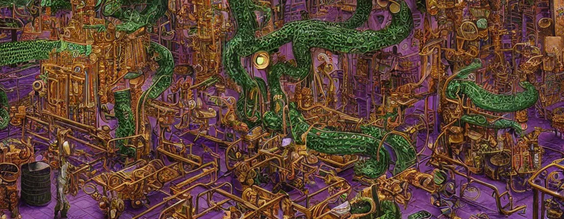 Prompt: a super high resolution film still of densely packed machine apparatus for making snake oil, huge copper machine with fine purple and green intricate pipework, art by jacek yerka, and ed roth, directed by denis villeneuve, cinematography by robby muller, fine detail, kodachrome 8 k, snake machine, cinematic lighting