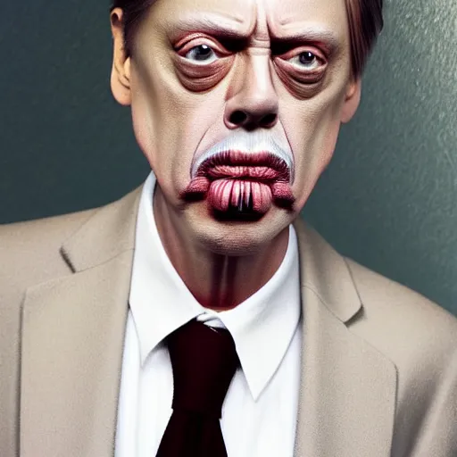 Image similar to hyperrealistic mixed media image of steve buscemi smoking a cigarette standing in front of a train, stunning 3 d render inspired art by xiang duan and thomas eakes, perfect facial symmetry, immaculate complexion, realistic, highly detailed attributes and atmosphere, dim volumetric cinematic lighting, 8 k octane detailed render, post - processing, masterpiece,