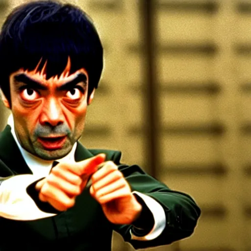 Prompt: mr. bean as bruce lee. movie still. cinematic lighting.