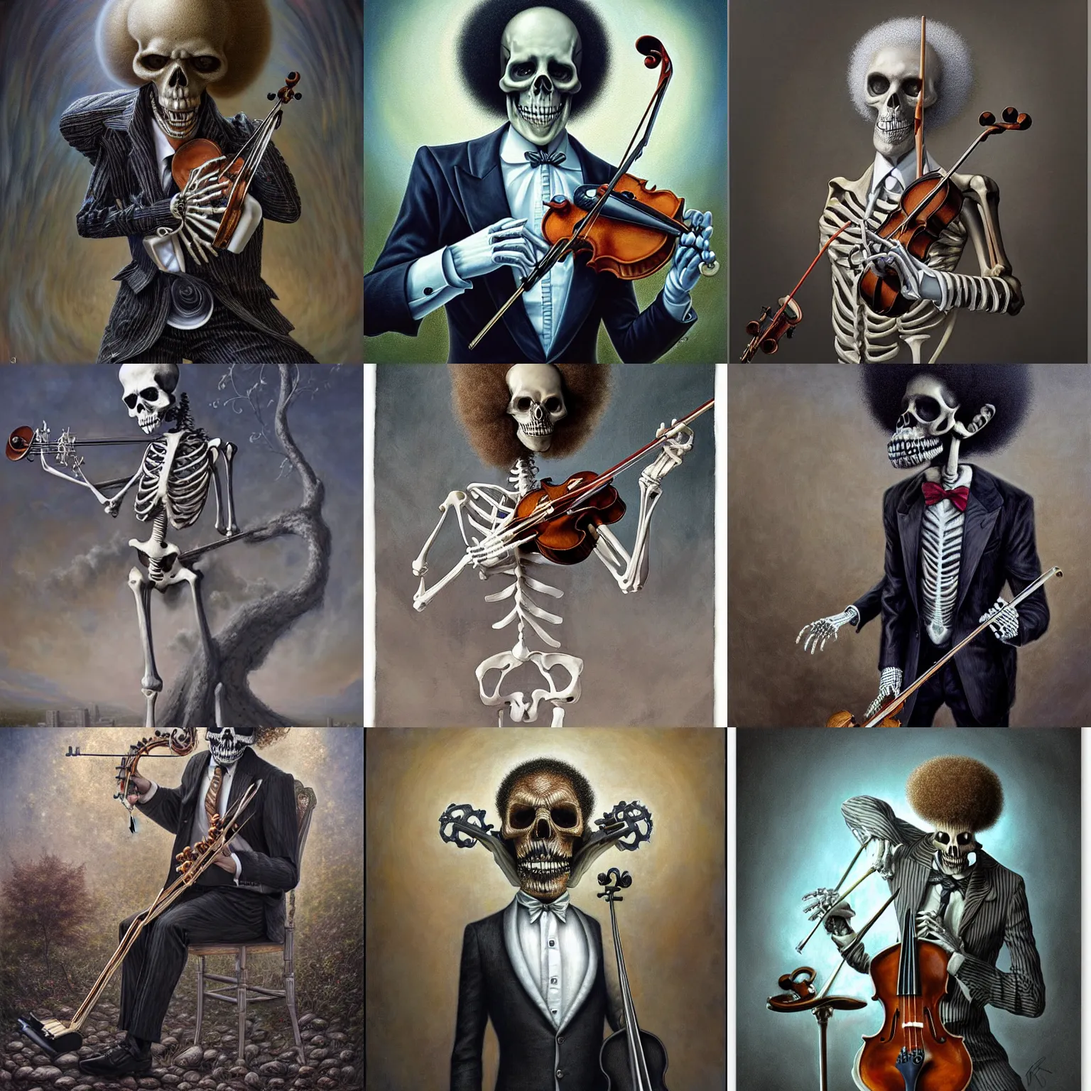 Prompt: a skeleton with an afro in a suit with a white collar playing a violin, ultra detailed, by Tomasz Alen Kopera and Peter Mohrbacher