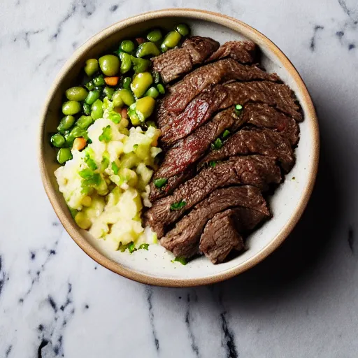 Prompt: a photograph of a bowl of chopped steak, 8 k, mouthwatering, award - winning photography,