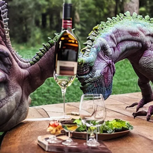 Prompt: two dinosaurs drink wine