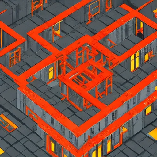 Image similar to underground lab filled with flames, MC Escher style architecture, sterile, human farm, staff wearing hazmat suits running, unknown location, photo taken from above, red alert lights up the walls, light and shadows, concept art