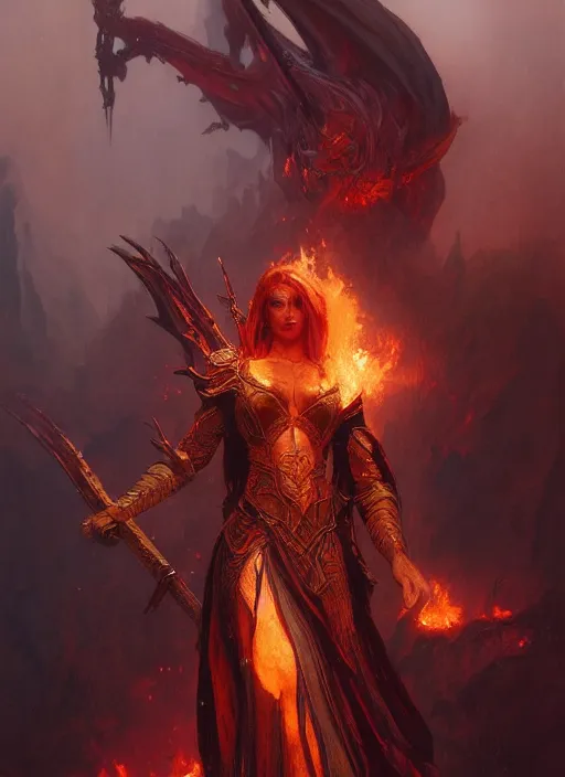 Prompt: fire elemental. fantasy concept art. moody epic painting by james gurney, greg rutkowski, giger, maxim verehin and alphonso mucha. artstationhq. painting with vivid color. ( dragon age, witcher 3, lotr )