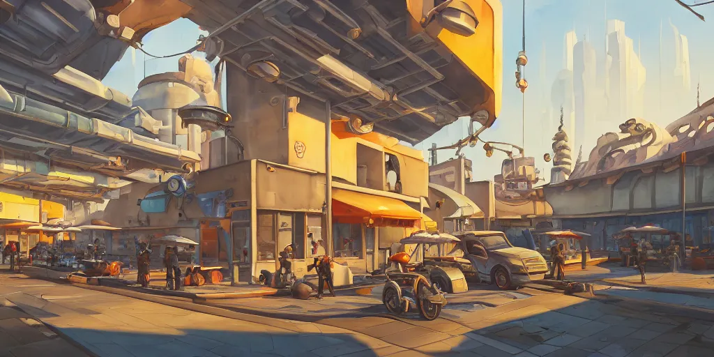 Prompt: overwatch building, stylized, exterior, architecture, in watercolor gouache detailed paintings, insanely detail, artstation, 8 k, futuristic, big medium small, arcane, simon stalenhag, food stall, interesting shapes & form, golden ratio, megastructures, vitaly bulgarov, mall, junkyard