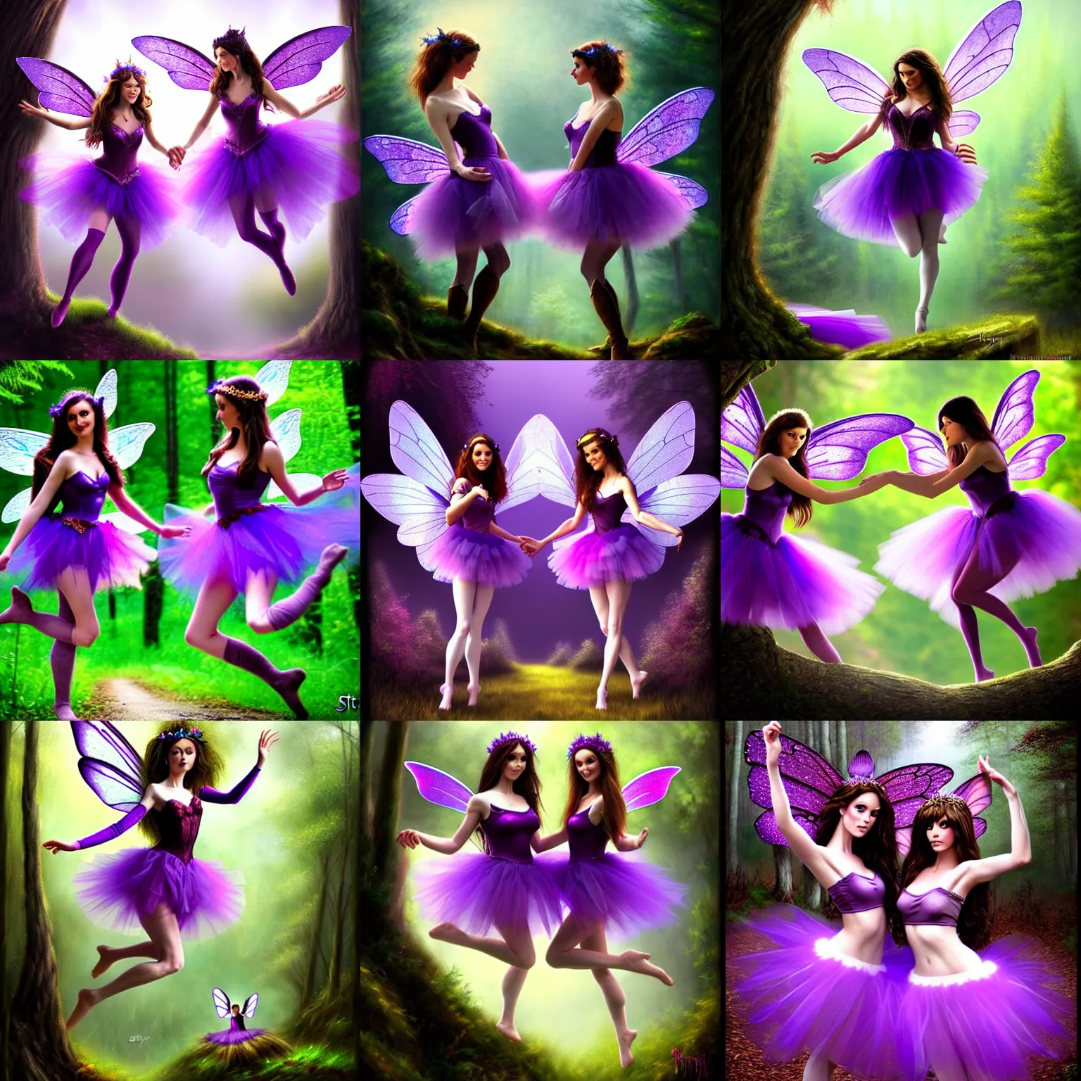 Prompt: two brunette fairy women wearing purple romantic tutus flying around a forest, fantasy art, highly detailed, sharp focus, elegant, beautiful, amazing, astonishing, marvelous, incredible, trending on artstation, by steve argyle