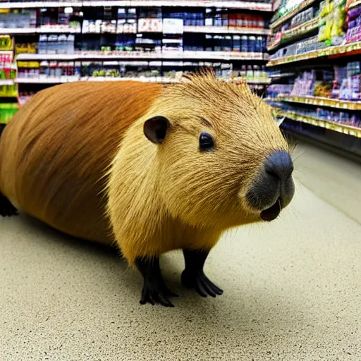 Image similar to a capybara ( flood ), huge amount of capybara! running down a target aisle