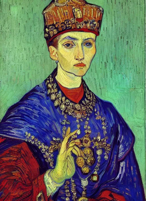 Prompt: !! portrait of a byzantine empress!! by van gogh, detailed face expressionist oil painting masterpiece, 8 k resolution, smooth, sharp focus, pastel color palette, trending on artstation
