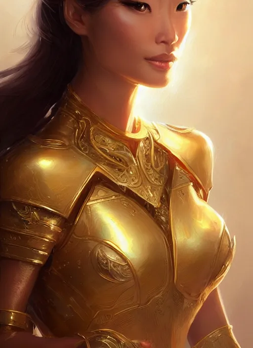 Prompt: jamie chung goddess of wealth, golden armour, elegant, highly detailed, digital painting, art station, concept art, smooth, sharp focus, illustration, art by artgerm and greg rutkowski