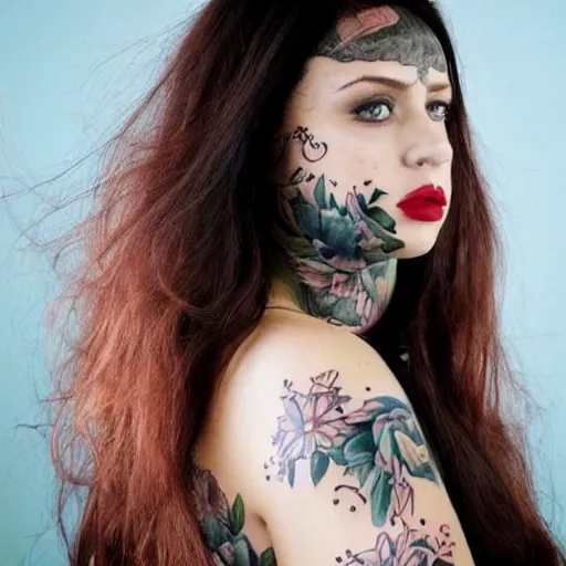 Image similar to big girl, long hair, tattooed face, photo