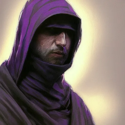 Image similar to ultra realistic illustration, man in a black hood, in a striped purple balaclava, mysterious, highly detailed, digital painting, artstation, concept art, smooth, sharp focus, illustration, art by artgerm and greg rutkowski and alphonse mucha