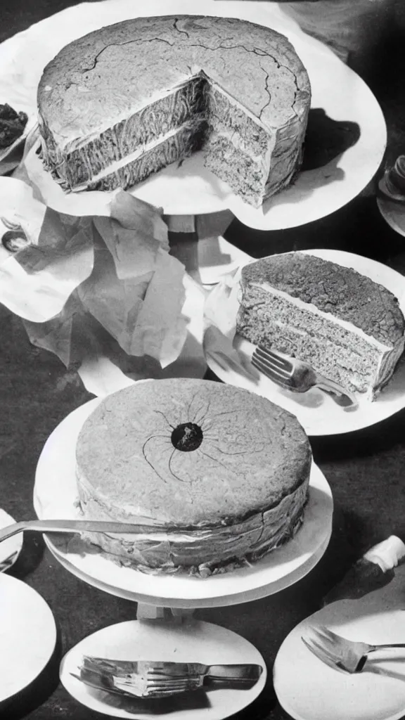 Image similar to 7 0 s food photography of an atom bomb shaped cake