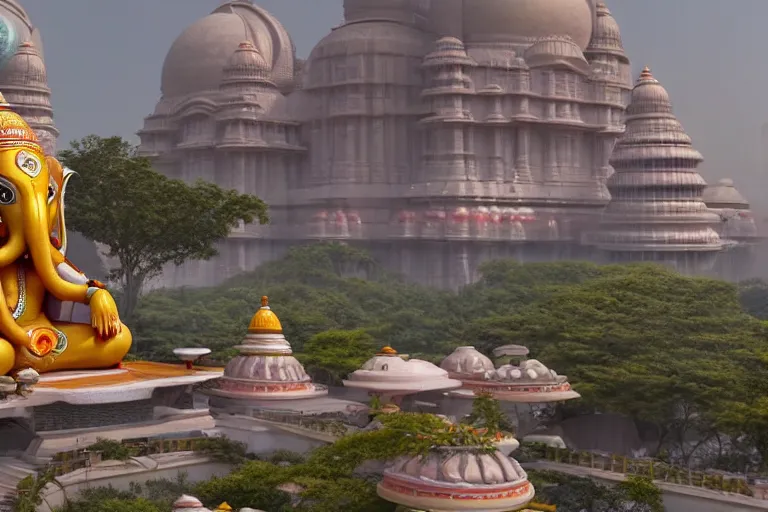 Image similar to beautiful futuristic new delhi, sci - fi ganesha!! building, kalighat flowers, octane highly detailed cinematic, stephen shore & john j. park, soft morning light, wide shot, aerial shot, uhd 8 k, shallow depth of field