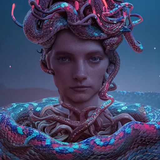 Prompt: beautiful dark landscape, medusa head highly detailed snakes, beautiful flowers growing in the style of beeple and mike winkelmann, intricate, epic lighting, cinematic composition, hyper realistic, 8 k resolution, unreal engine 5,