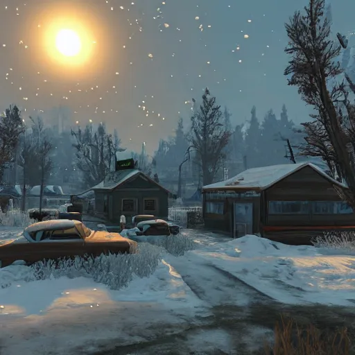 Image similar to small wooden settlers village, canada in the winter in ruins post - nuclear war in fallout 4, in game screenshot